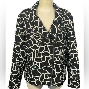 DKNY Black White Animal Print Moto Jacket Sz L